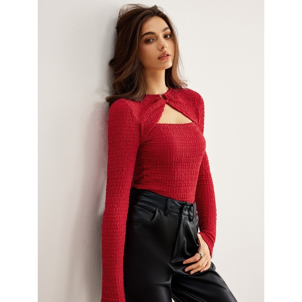 Commense Red Textured Knit Long Sleeve Top with Cutout Bust Detail Size S